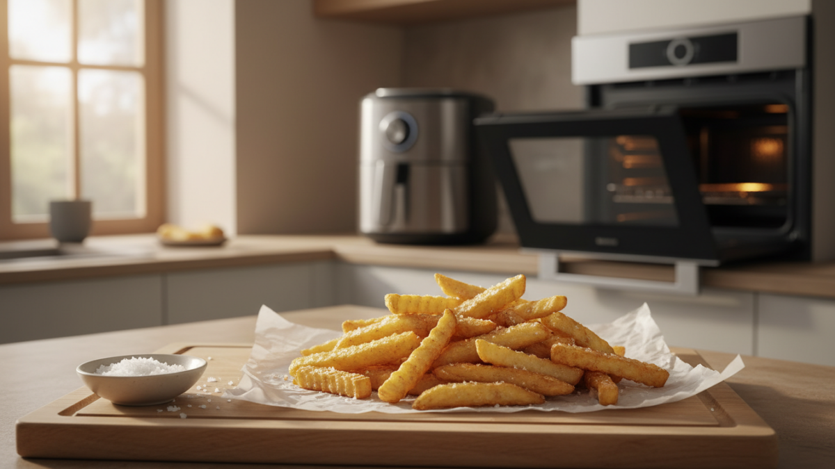 Crispy crinkle-cut fries on parchment in modern kitchen.