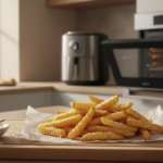 Crispy crinkle-cut fries on parchment in modern kitchen.