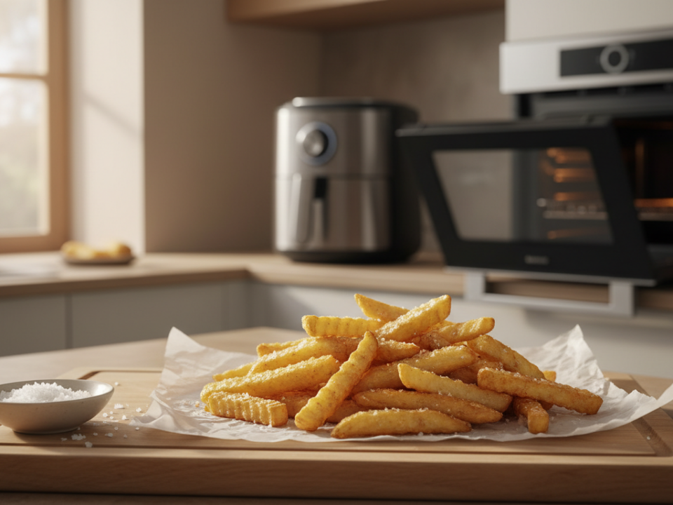 Crispy crinkle-cut fries on parchment in modern kitchen.
