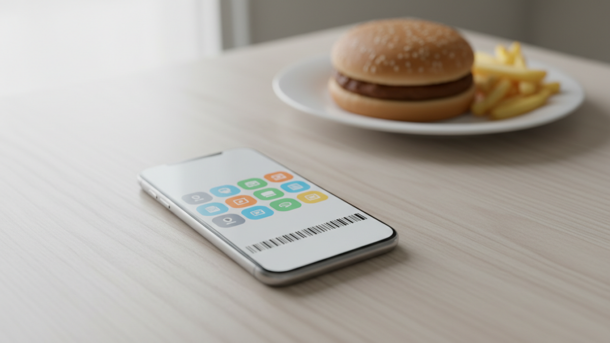 Smartphone with barcode on screen near burger and fries.
