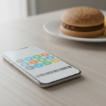 Smartphone with barcode on screen near burger and fries.