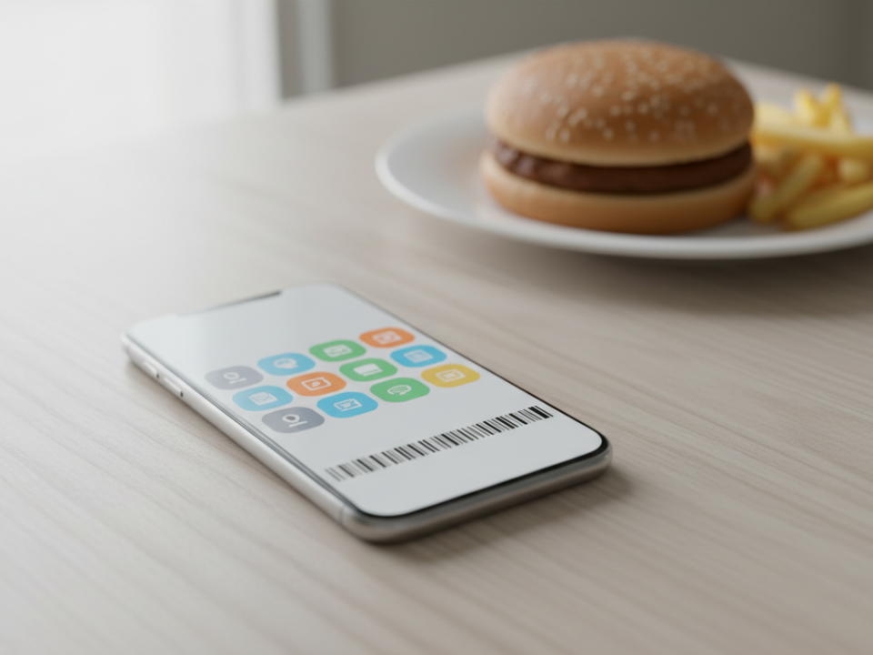 Smartphone with barcode on screen near burger and fries.