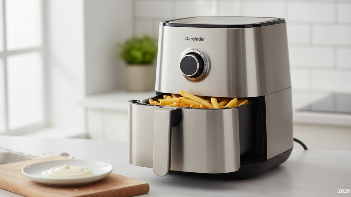 Stainless steel air fryer with fries on kitchen counter.