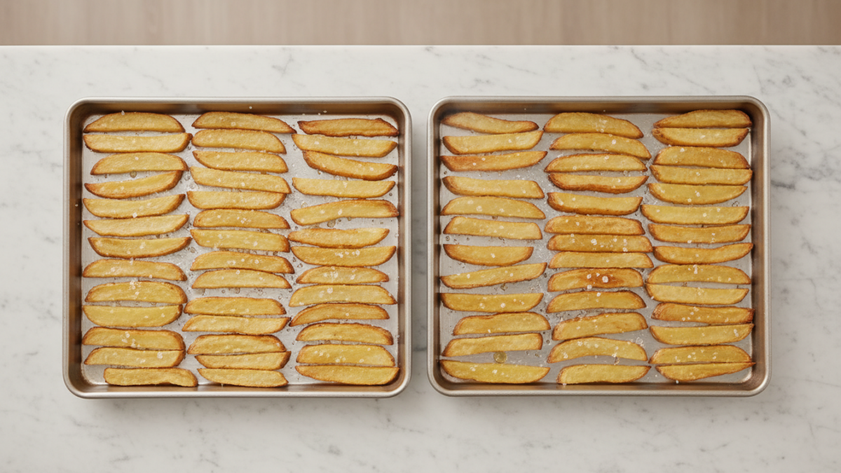 Zwei Backbleche mit gleichmäßig angeordneten Kartoffelwedges.