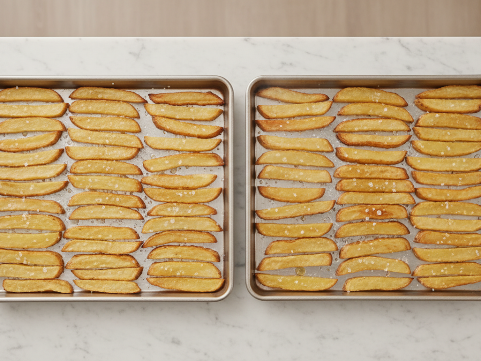 Zwei Backbleche mit gleichmäßig angeordneten Kartoffelwedges.