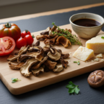 Käse, Tomaten und Trockenpilze auf Holzbrett
