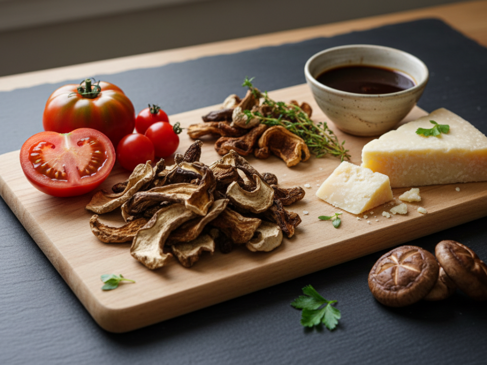 Käse, Tomaten und Trockenpilze auf Holzbrett