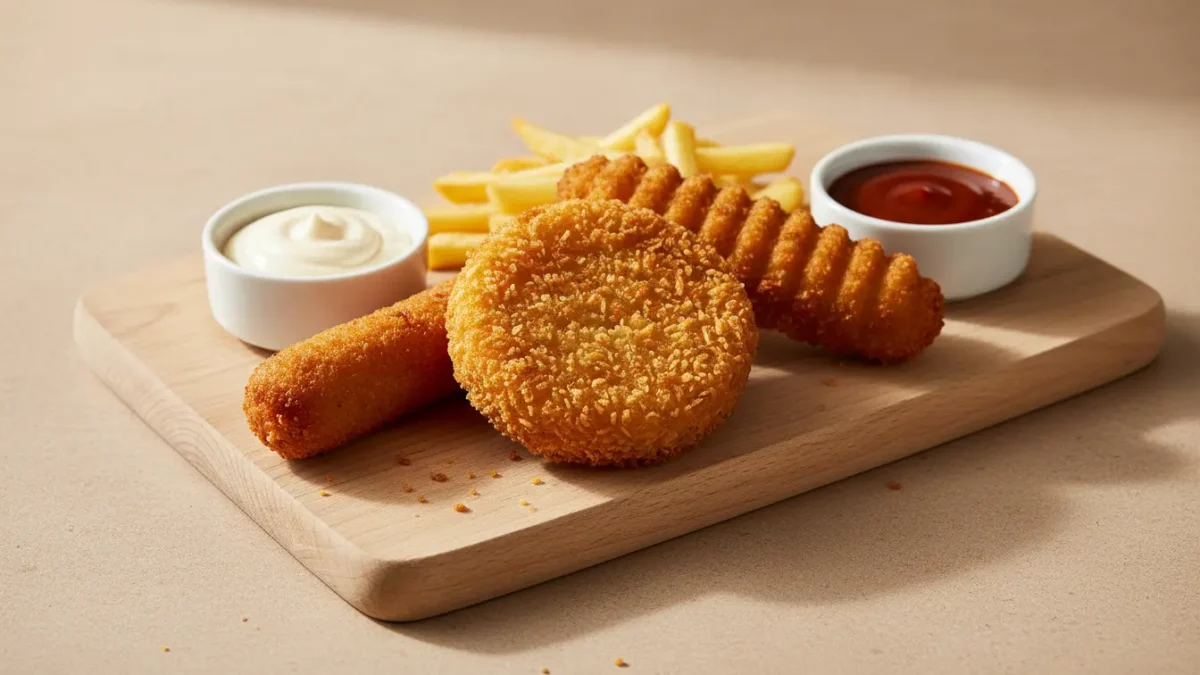 Knusprige frittierte Snacks mit Pommes und Dip.