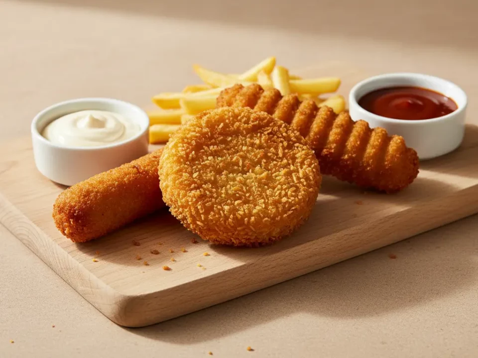Knusprige frittierte Snacks mit Pommes und Dip.