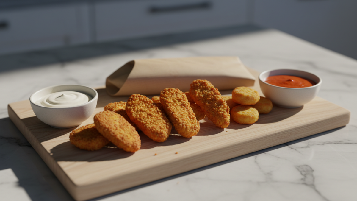Assorted breaded snacks with dipping sauces on wooden board.