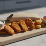 Assorted breaded snacks with dipping sauces on wooden board.