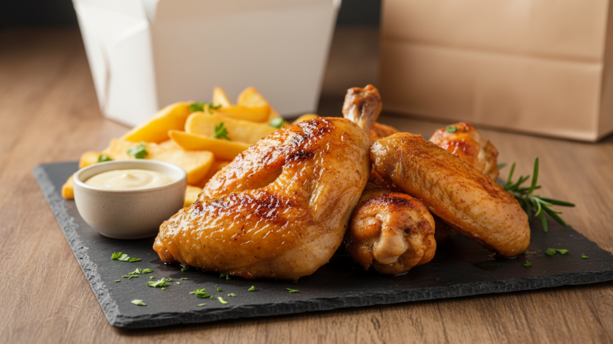 Gebratene Hähnchenstücke mit Pommes und Dip