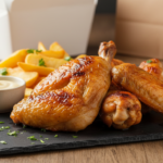 Gebratene Hähnchenstücke mit Pommes und Dip