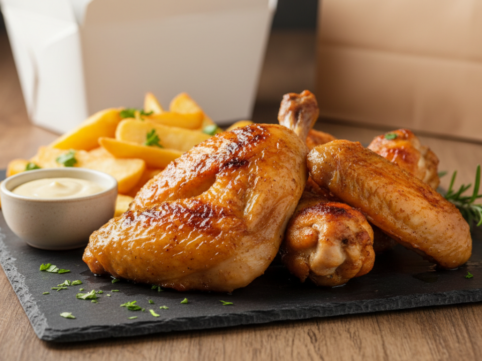 Gebratene Hähnchenstücke mit Pommes und Dip