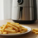 Pommes auf Teller, Küchengerät im Hintergrund.