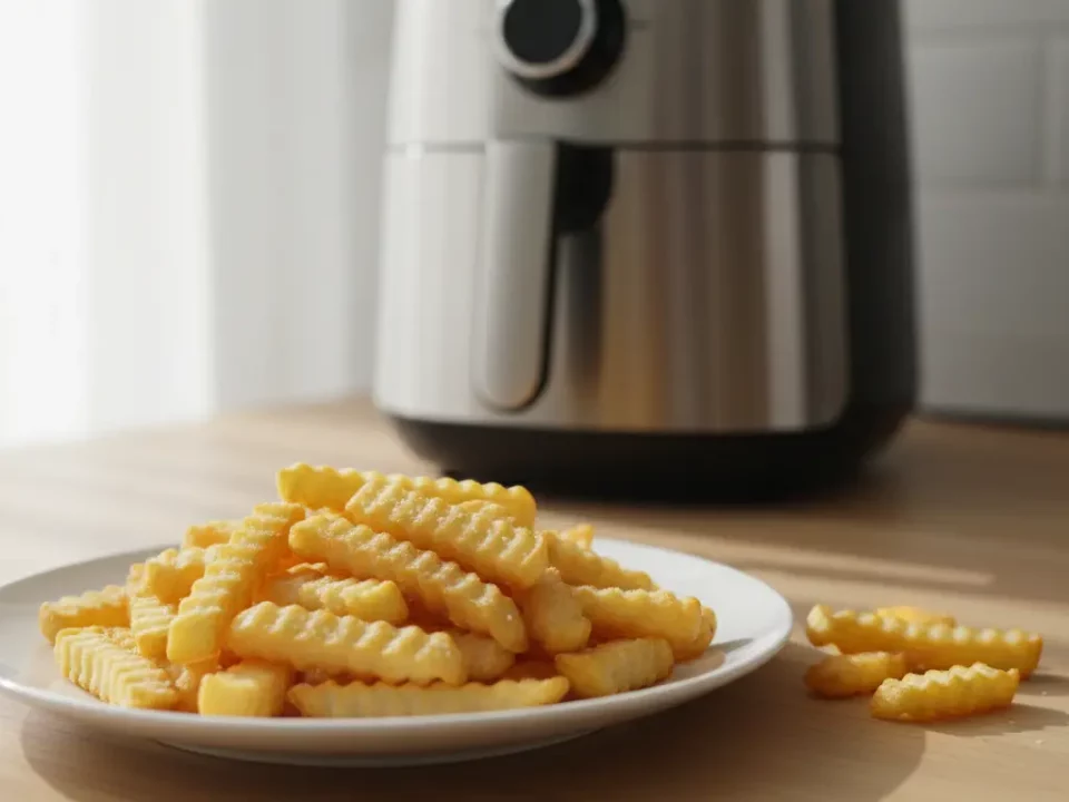 Pommes auf Teller, Küchengerät im Hintergrund.