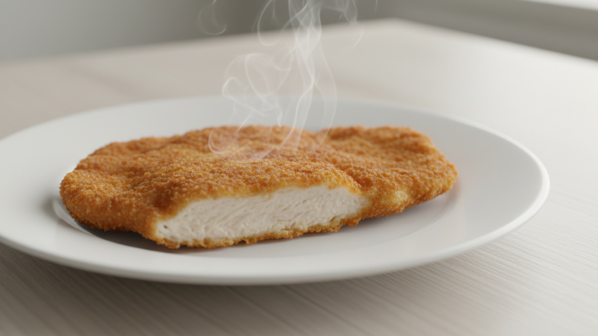 Steaming breaded chicken cutlet on white plate.