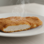 Steaming breaded chicken cutlet on white plate.
