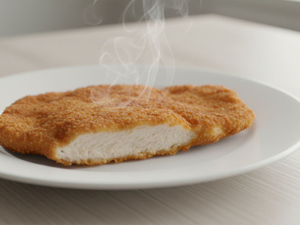 Steaming breaded chicken cutlet on white plate.