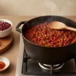 Kochtopf mit Chili-Bohnen-Eintopf köchelt auf dem Herd