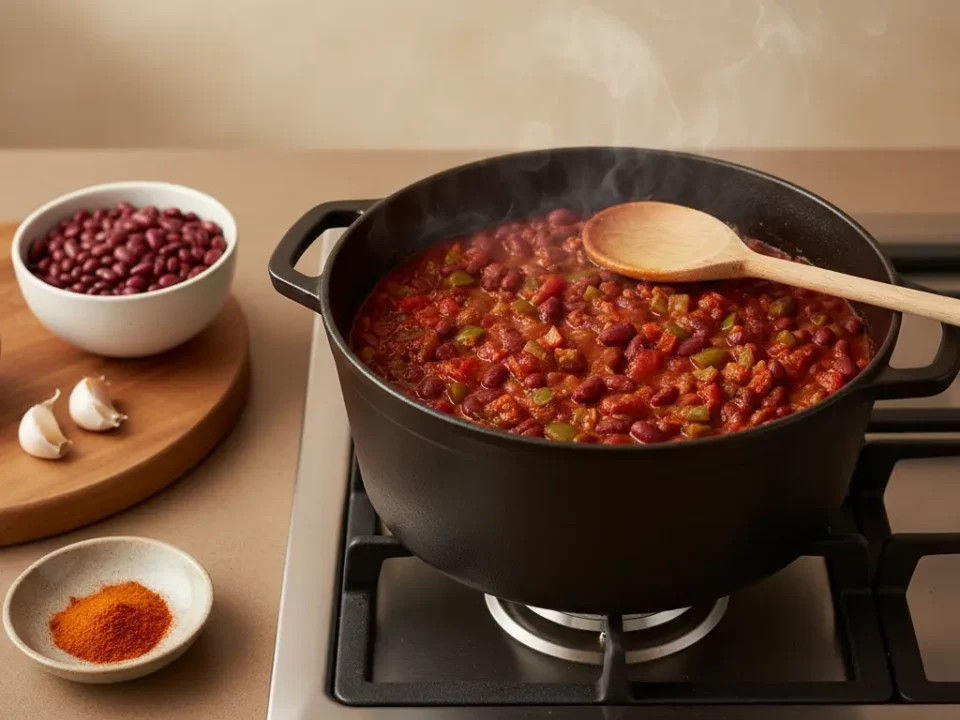 Kochtopf mit Chili-Bohnen-Eintopf köchelt auf dem Herd