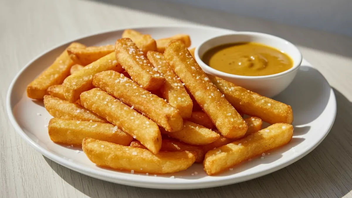 Pommes Frites mit Dip auf weißem Teller