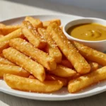 Pommes Frites mit Dip auf weißem Teller