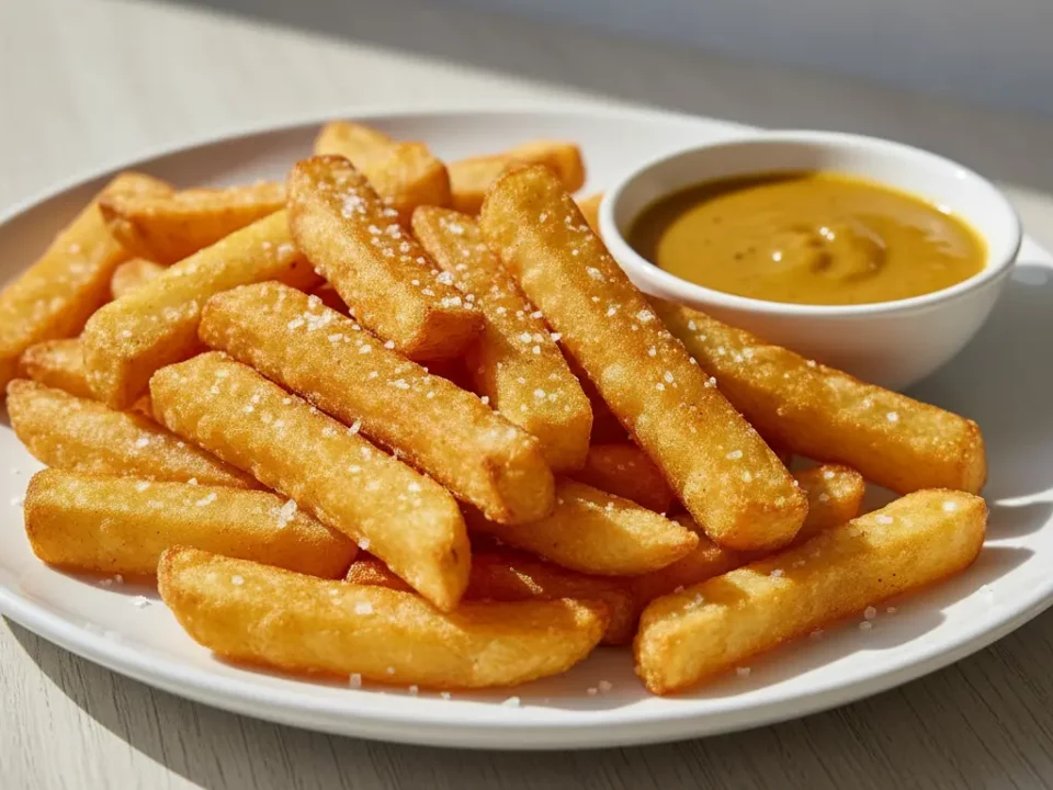 Pommes Frites mit Dip auf weißem Teller