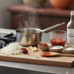 Cooking ingredients and utensils on kitchen countertop.