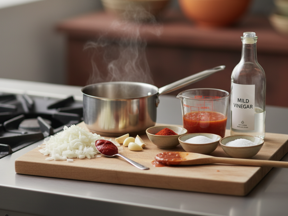 Cooking ingredients and utensils on kitchen countertop.