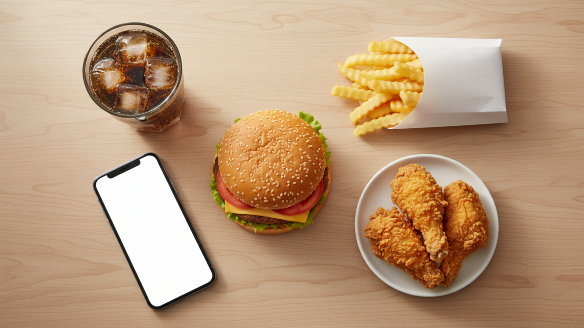 Fast food meal with burger, fries, chicken, soda, and phone.