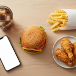 Fast food meal with burger, fries, chicken, soda, and phone.
