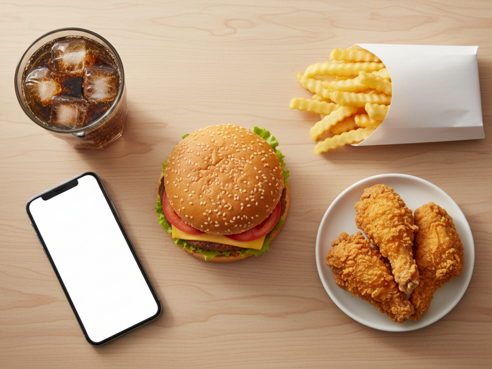 Fast food meal with burger, fries, chicken, soda, and phone.