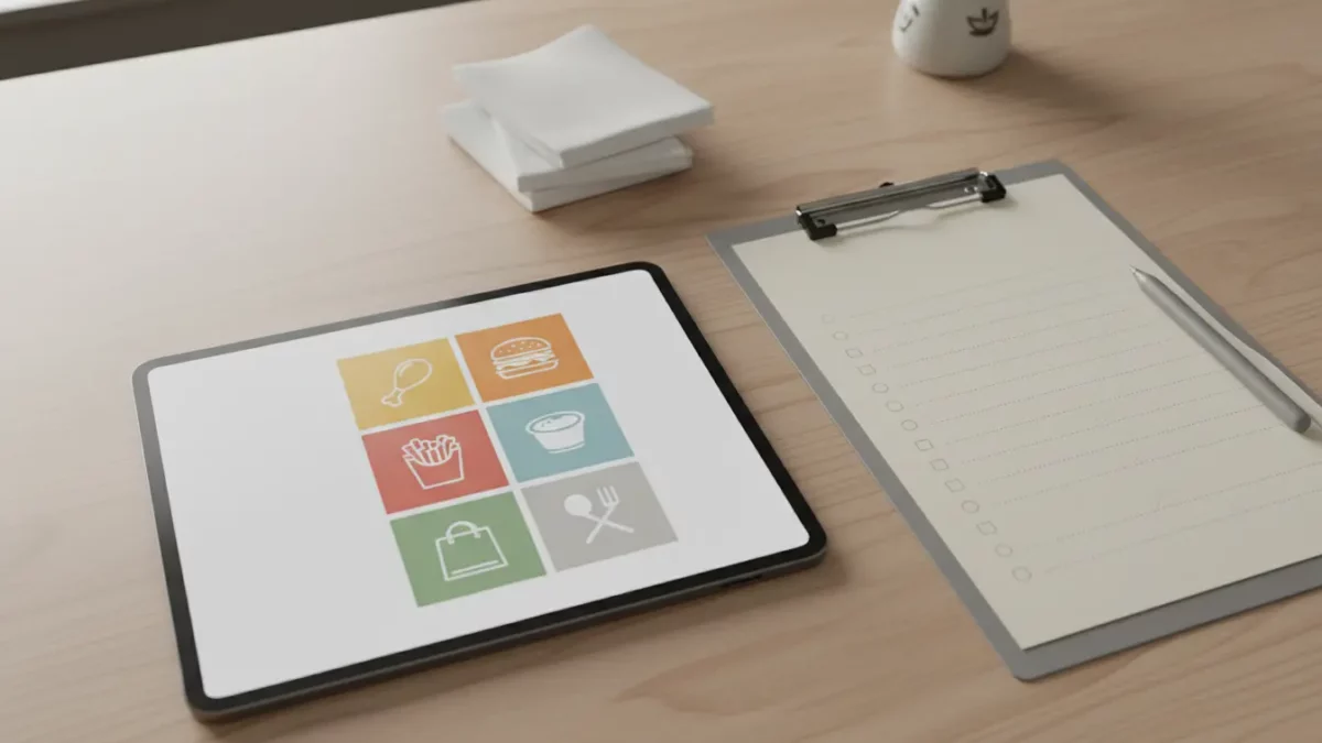 Tablet mit bunten Icon-Kacheln auf Holztisch.