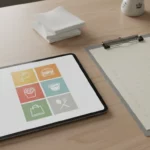 Tablet mit bunten Icon-Kacheln auf Holztisch.