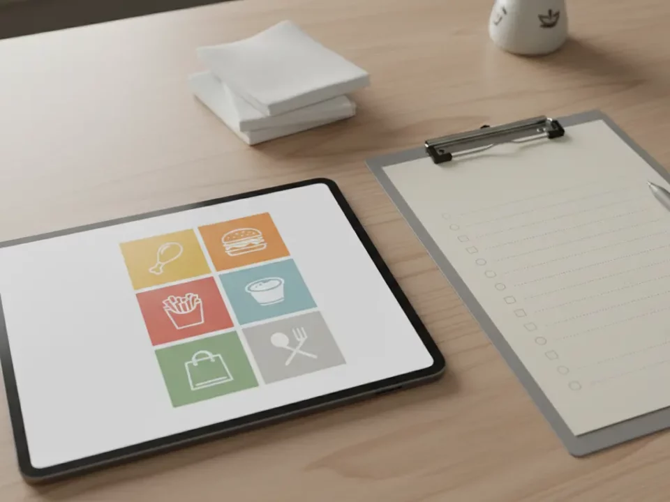 Tablet mit bunten Icon-Kacheln auf Holztisch.