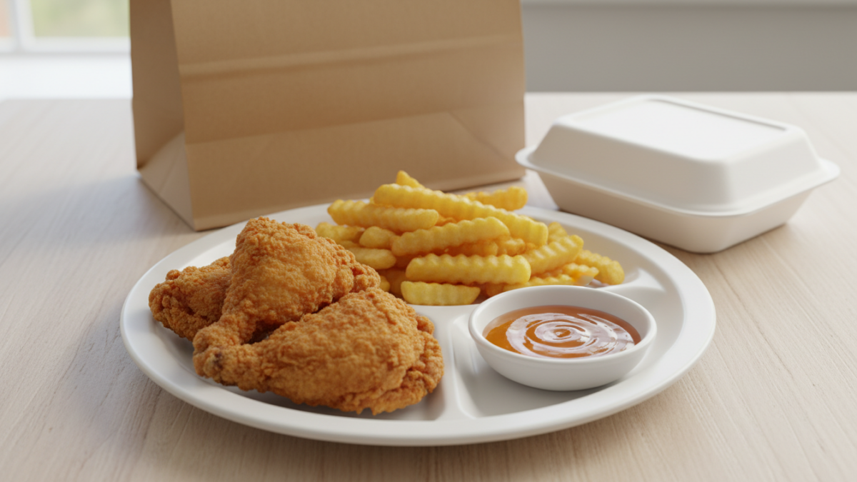 Fried chicken with crinkle fries and dipping sauce on plate.