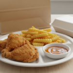 Fried chicken with crinkle fries and dipping sauce on plate.