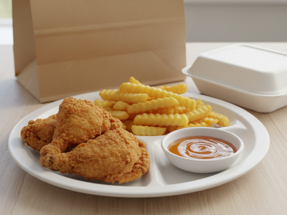 Fried chicken with crinkle fries and dipping sauce on plate.