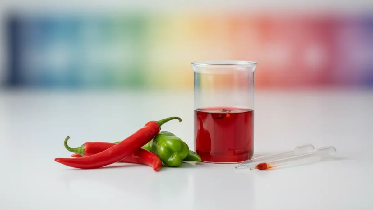 Red and green peppers with red liquid in beaker.