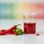 Red and green peppers with red liquid in beaker.