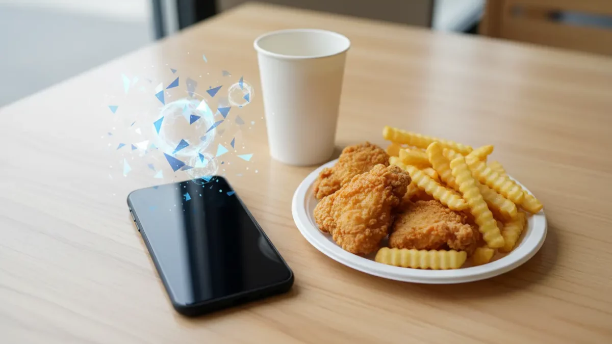 Smartphone and hologram with fried chicken and fries.