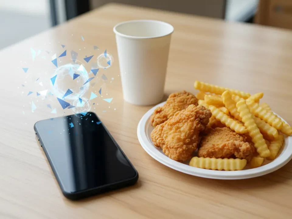 Smartphone and hologram with fried chicken and fries.