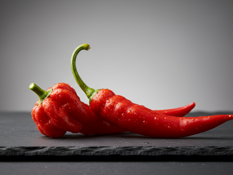 Frische rote Chilischoten auf dunkler Steinplatte.