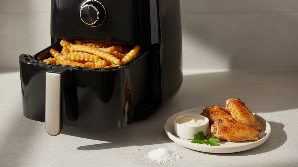 Schwarzer Airfryer mit Pommes, daneben Hähnchenflügel und Dip.