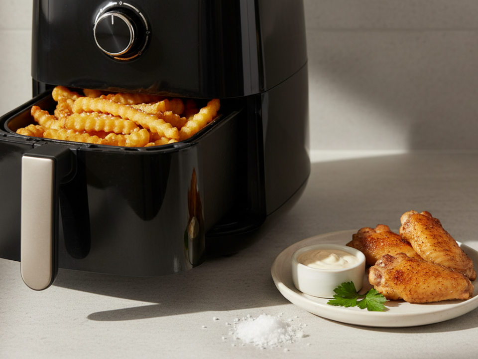 Schwarzer Airfryer mit Pommes, daneben Hähnchenflügel und Dip.