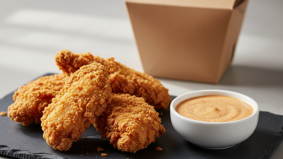 Crispy fried chicken tenders with dipping sauce.