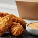 Crispy fried chicken tenders with dipping sauce.