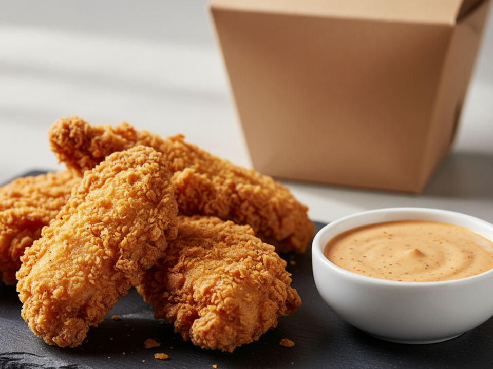 Crispy fried chicken tenders with dipping sauce.