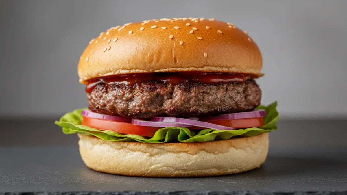 Saftiger Hamburger im Sesambrötchen mit Salat, Tomaten
